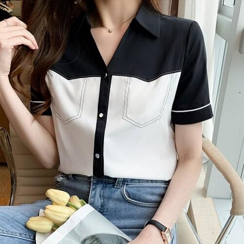 Summer Womens Shirts Vintage Patchwork Slim Chiffon Tops Short Sleeve Blouses Women Korean Fashion Loose Ladies Workwear Blouse