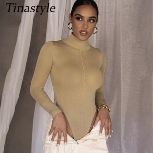 Tinastyle Turtleneck Long Sleeve Bodysuit Women Solid Skinny Bodycon Women Tops Fashion Club Party Basic One Piece Body Suit