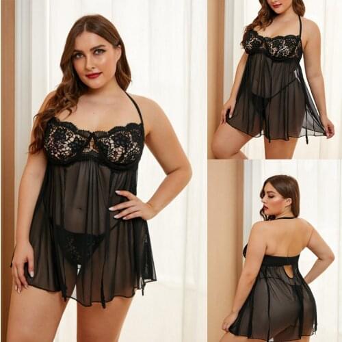Plus size womens sexy nightdress, plus size underwear lace sleeveless nightgown, see-through underwear nightdress set M-5XL