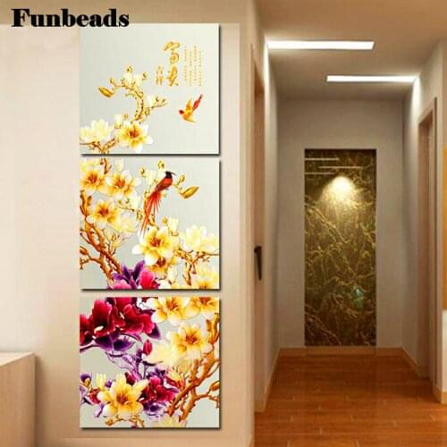 Full square round drill 5d diy diamond painting Golden plum 3 pcs picture mosaic embroidery Magnolia Corridor aisle decor FF532