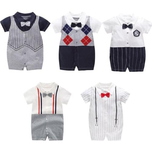 Baby Boy Clothes Gentleman Romper Short Sleeve Jumpsuit Newborn Summer Clothes Infant Bow Tie Costume Fashion Rompers