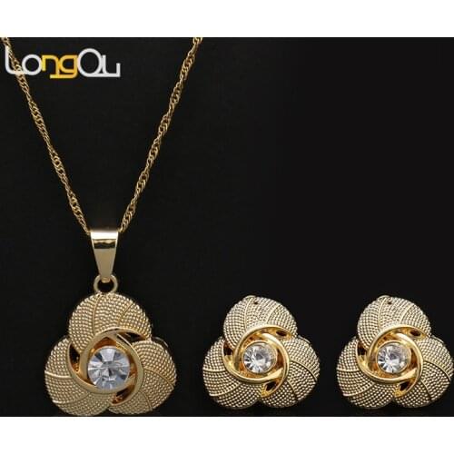 Gold-color Flower Crystal Shape Pendant Necklace Earring Sets Multi Ropes Choker Necklace Classic Wedding Costume Jewelry Set