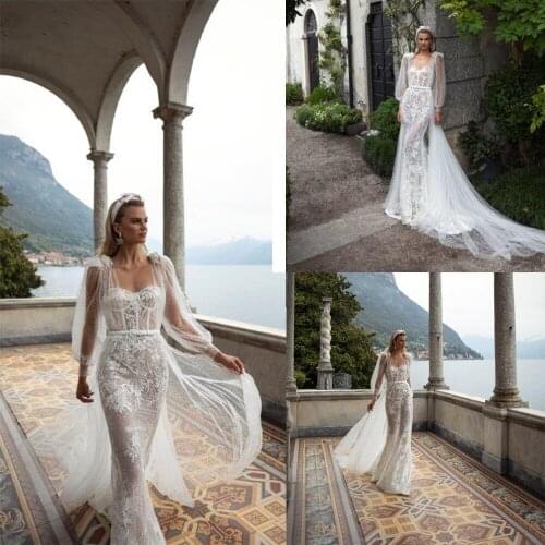 Illusion Mermaid Wedding Dresses With Tulle Tiered Detachable Train Lace Applique Vestido De Noiva Custom Made Bridal Dress