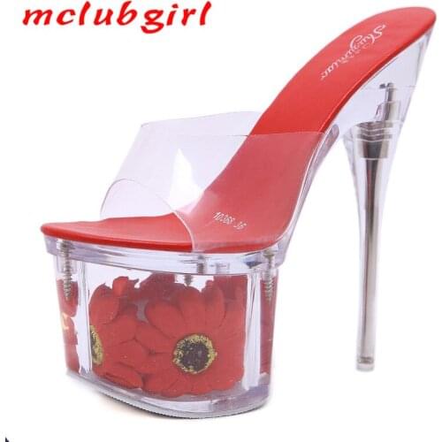 Mclubgirl Sexy High Heels Sunflower Thick Thin Heel Waterproof Table Slippers Transparent Crystal Shoes Wedding Shoes LFD-10367