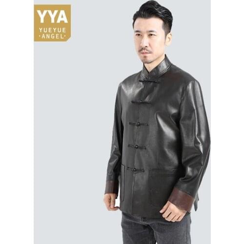 Chinese Style Men Casual Stand Collar Real Leather Jackets Brand Single Breasted Loose Short Coat Party Long Sleeve Outerwear
