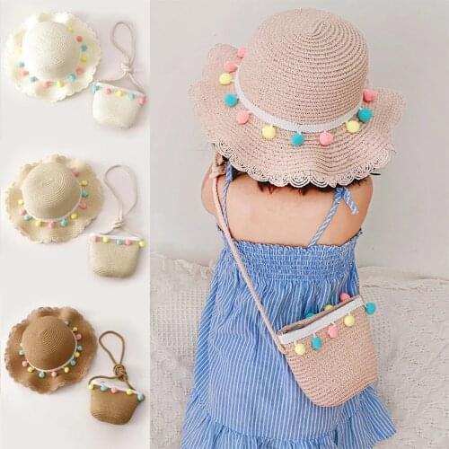New 2021 Summer Children Straw Hat Baby Sun Hats Beauty Floral Girl Spring Cap Beach Visor Hat Straw Bag Two-Piece Sets