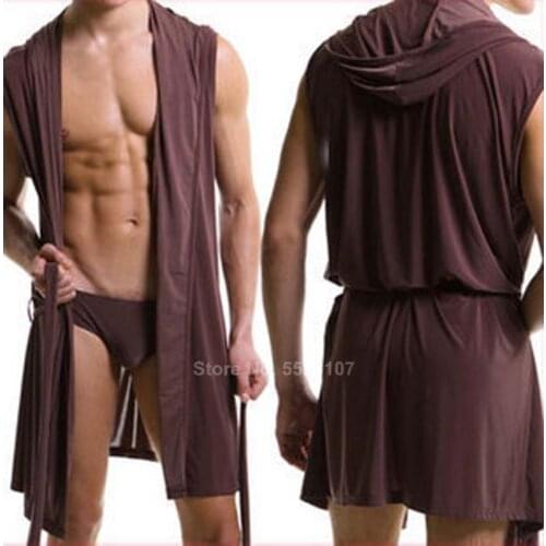 2021 New Mens Thin Robe Home Wear Lounge Solid Color Hooded Bathing Robe Sexy Nightgown Lace Up Sleeveless Smooth Sleepwear