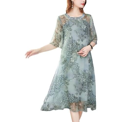 Mom Women Summer Silk Fabric Dress New Fashion Casual Office Dresses Plus size Loose Short sleeve O- neck Vestido Mujer OK692