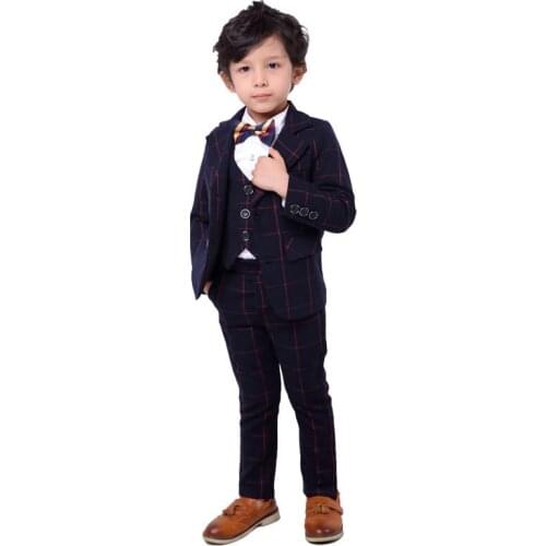 Top Quality Boys Plaid Jacket Vest Pants 3Pcs Clothing Set Gentleman Korea Kids Wedding Suit Children Performance Dress