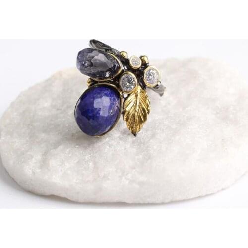 Blue Lapis Lazuli and Leaf White Zircon Gold Plated Womens Silver Ring, Woman 925 Silver Zircon Handmade Ring, Oval Zircon
