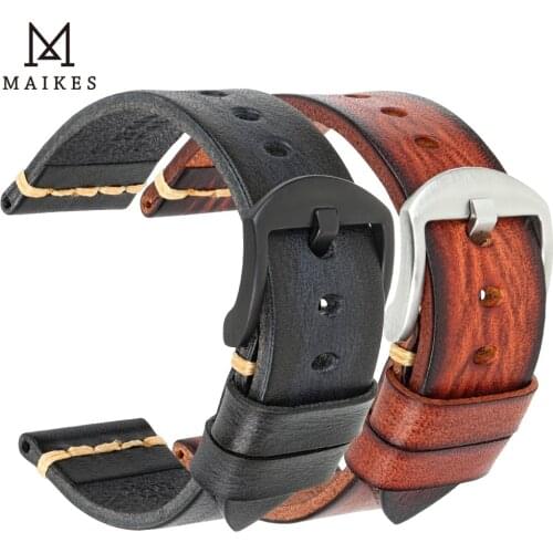 MAIKES Handmade Watch Band 20mm 22mm Cow Leather Watch Strap Vintage Watchband With Stainless Steel buckle For Panerai Fossil