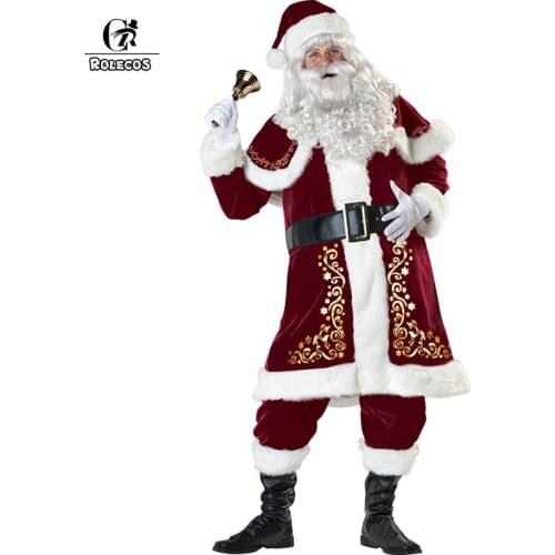 ROLECOS Men Christmas Cosplay Costume Santa Claus Cospaly Costume Full of Sets with Hair for Men Santa Claus Costume Luxury Suit