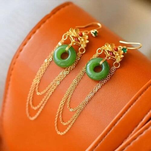 Super Fairy Hetian Jade Safety Buckle Earrings S925 Sterling Silver Tassel Jasper Ring Earrings Ornament for Women