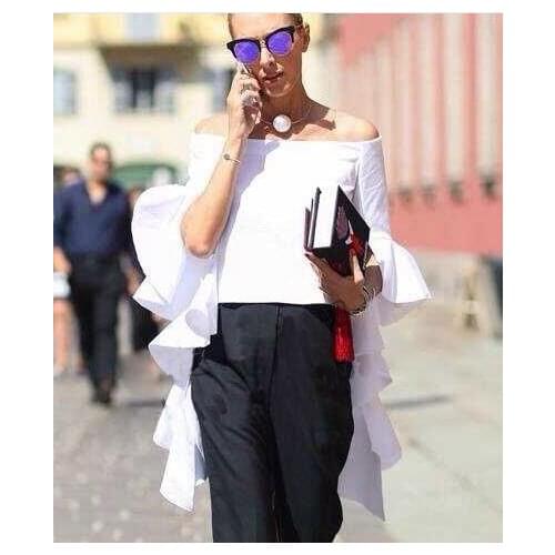 YLO STOCK2020 Wave edge sling word shoulder blouse sleeve white shirt female 1208