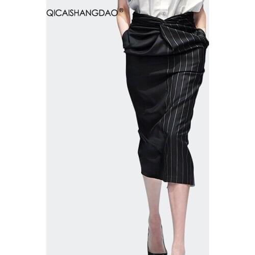 Mid-Length Striped Color Block Wrapped Skirt 2021 Summer New Fashionable Elegant High Waist Crossed Shirring Ladies Suit Skirts