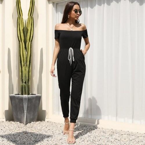 2021Summer One-shoulder Off-shoulder Short-sleeved Lace-up Solid Color Jumpsuit Bodysuits Elegant Women Fashion Ladies Jumpsuits