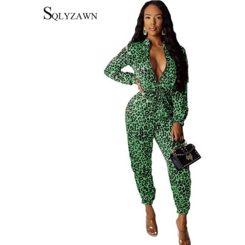 Women Sexy Leopard Long Sleeve Jumpsuits Autumn Streetwear Fashion Zipper Overalls Autumn Casual Vintage Rompers Plus Size 2XL