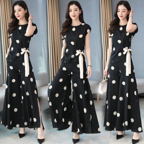 Chiffon Wide-Leg Trouser Suit For Women Summer Chic Elegant Polka Dot Print Ivory Blouse + Pants Culottes Two-Piece Set Slimming