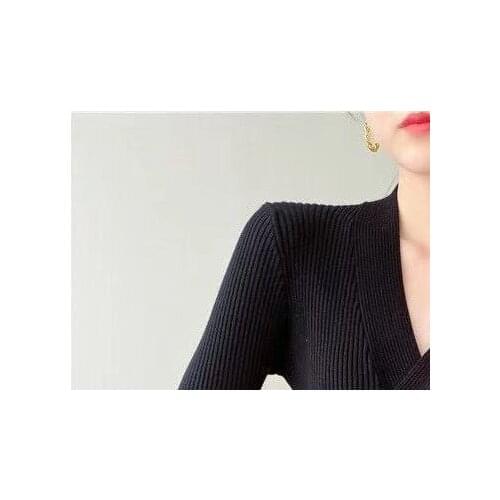 Women Cross Knit Sweater V-neck Black Apricot Long Sleeve 2021 Early Autumn Slim Knitted Pullover