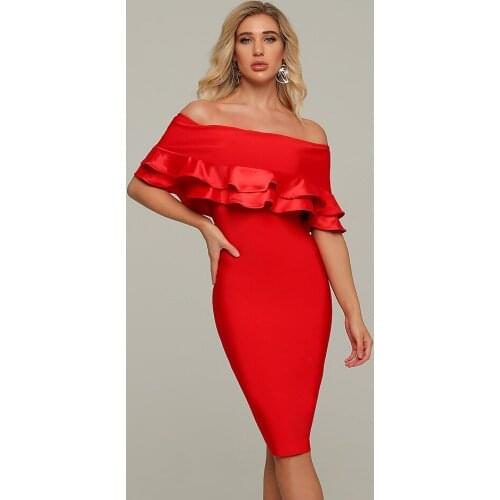 Modphy Spring 2020 New Elegant Women Bodycon Bandage Dress Sexy Club Party Card Shoulder Ruffled Knee Dress Evening Vestidos