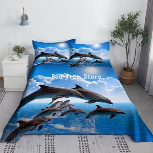 2/3pcs 100% Polyester Bedding Sheet Dolphin Shark 3D Printed Flat Sheets with Pillowcase Animal Design Bed Linen for All Seasons
