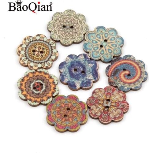 50Pcs 20/25mm Retro Series Flower Wooden Buttons For Clothing DIY Sewing Scrapbooking Decor Craft Needlework Accessories