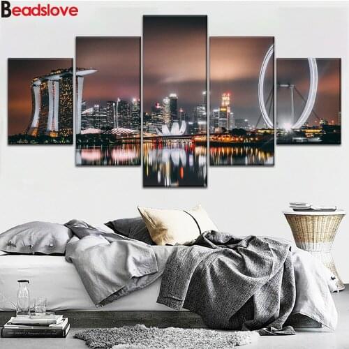 DIY 5D Diamond Painting Multi-picture diamond Embroidery 5 Panel Singapore Night Skyscrapers Buildings Full Drills Decor