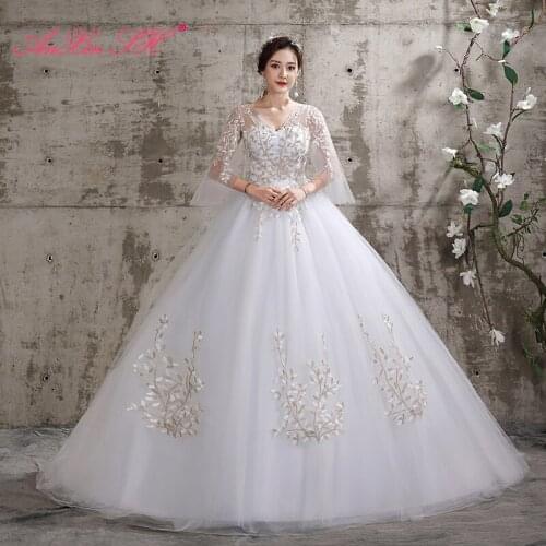 AXJFU princess white flower lace wedding dress ball gown vintage v neck illusion long flare sleeve party train wedding dress