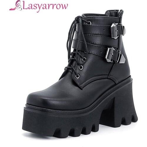 Lasyarrow Martin Boots Double Metal Belt Buckle Punk Style Street Trend Womens Boots Neutral Style Short Plush Ankle Boots