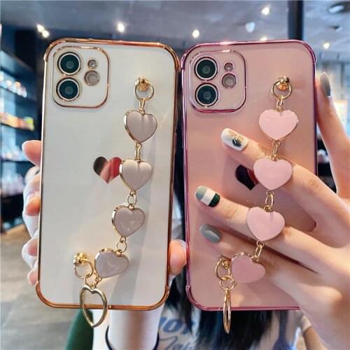 Plating Love Heart Bracelet Phone Case For iPhone 12 11 Pro Max X XR XS Max 12 Mini 7 8 Plus Soft TPU Shockproof Back Cover