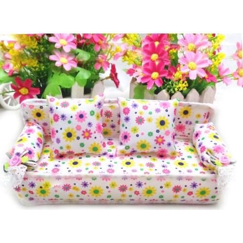 Kids Mini Doll Flower Print Sofa Miniature Dollhouse Couch Furniture with 2 Cushions Pillows Accessories for Barbie Doll Toy