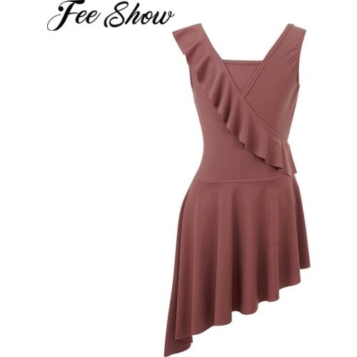 Kids Girls Ballet Dress Sleeveless V Shape Open Back Asymmetrical Dance Leotard Dress Contemporary Latin Lyrical Dance Costumes