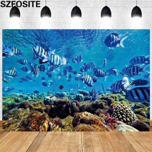 Photography Picture Underwater Shoal of Fish Coral Background Studio Shoot Props Kids Birthday Party Decoration Photo Backdrop