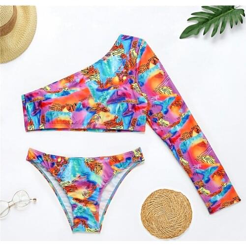 Sexy Push Up Bandeau Bikini Set Print One Shoulder Bikinis Women Female Biquini Two Piece Bathing Suit Padded Brazilian Swimwear