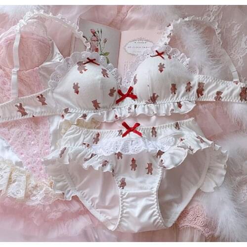 Cute girly teddy bear print cotton ruffle rimless bra set plus size women sexy lingerie with panty suit wirefree comfort bralett
