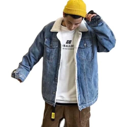 Winter plus velvet denim jacket mens slim padded jacket lamb hair youth cotton padded jacket autumn mens jacket