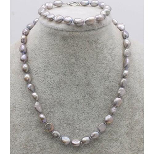 One set frershwater pearl white pink black/blue/gray /purple barouqe 8-10mm necklace bracelet 17+ 8inch nature FPPJ