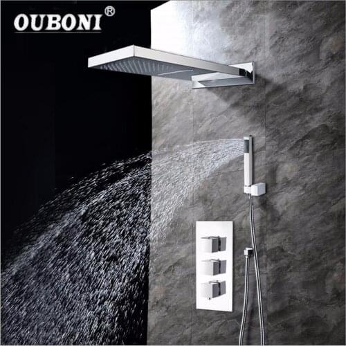 OUBONI Soild Brass Bathroom Shower Set Rainfall Waterfall 3 Functions Wall Mounted Chrome Polish Bath Shower Faucet Set