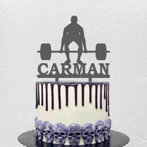 Personalized Weight Lifting Cake Topper Custom Name Man Weightlifting Silhouette Topper For Weightlifters Party Cake Decoration