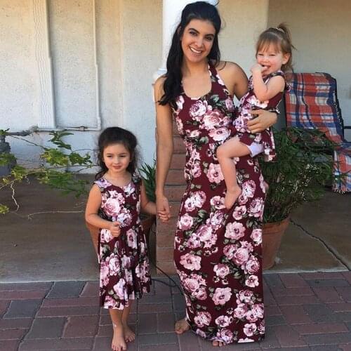 Mother Daughter Dresses Mom And Daughter Dress Sleeveless Casual Patchwork Red Flower Long Dress Mommy And Me Clothes
