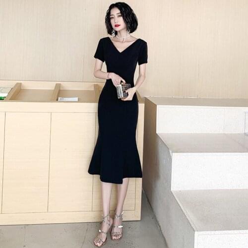 Special Occasion Dresses Vintage V-Neck Jersey Short A-Line Luxury Black Zipper Knee-Length Fashion Elegant Lady Prom Gown E836