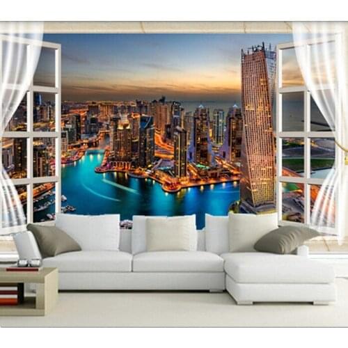 The latest 3D three-dimensional mural,Outside the window the dubai city at night , wall of TV wall bedroom wall paper