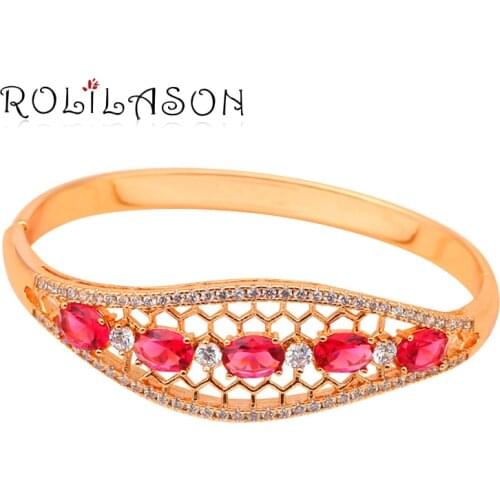 ROLILASON Royal design rose red crystal zircon golden bangles fashion jewelry Prom party item Health Nickel Lead Free TB600