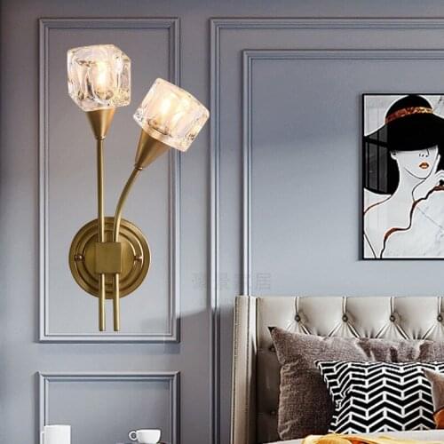 Nordic copper wall lamp post modern bedroom bedside lamp living room background wall crystal light light luxury hotel staircase