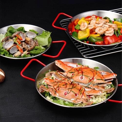 Tableware Stainless Steel Spanish Double Ear Flat Bottom Plate Spanish Seafood Paella Dinner Plates Kitchen Accessories