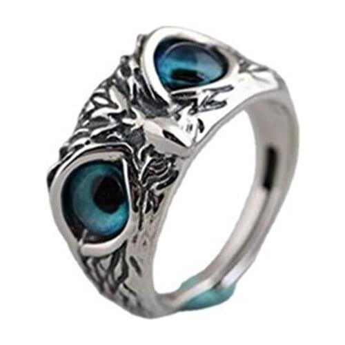 Vintage Cute Men and Women Simple Design Blue Eyes Owl Ring Silver Color Engagement Open Adjustable Rings Jewelry Gifts