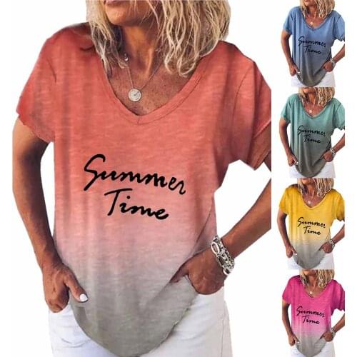 SAGACE Letter positioning printing T-shirt womens top casual fashion short sleeve V-neck gradient clothes футболка женский 2021