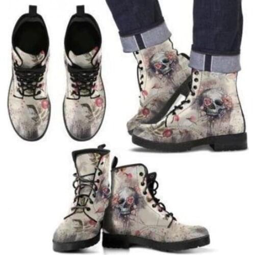 Women Ankle Boots Low Heels Shoes Woman Vintage Pu Leather Autumn Warm Winter High Snow Boots Motorcycle Skull Pansy