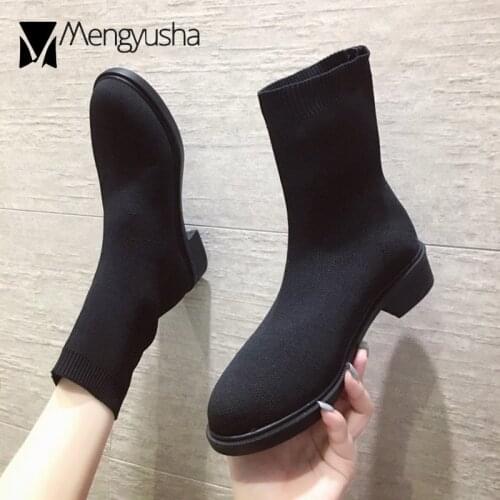Knitted chunky heels botas mujer stretch slim leg snow boots woman elastic socks botines femme solid&letters chelsea bottes 2020
