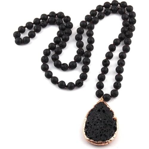 Free Shipping Fashion Black Lava Stones Bohemian Tribal Jewelry Lava Drop Pendant Necklaces Women Ethnic Necklace
